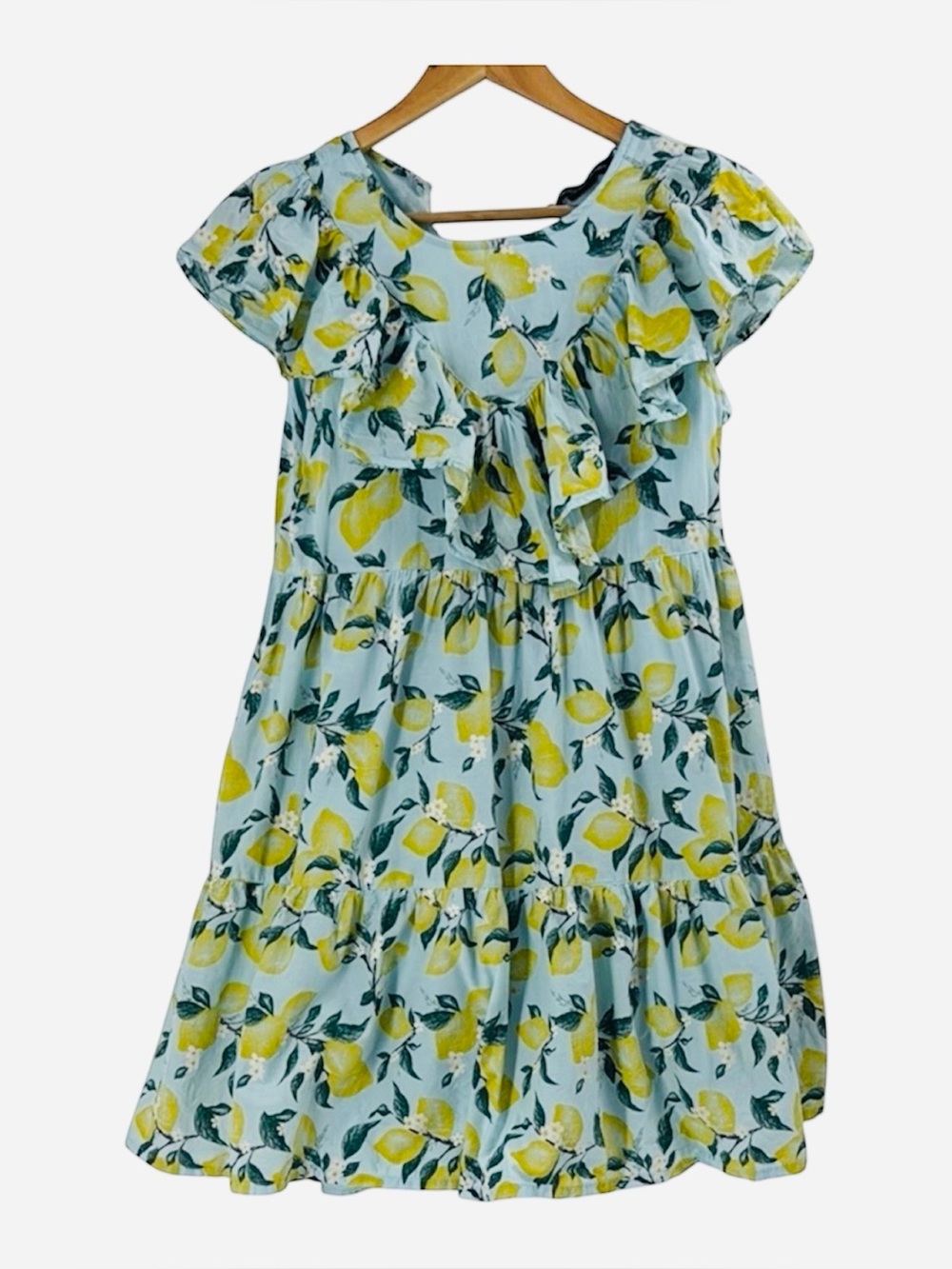 French Connection blue yellow floral cotton babydoll dress ruffle sleeve